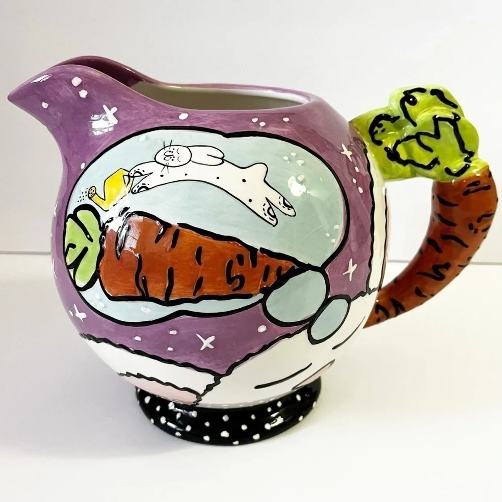 Joanne Delomba for Lostus Bunny Rabbit Pitcher Carrot Handle Whimsical Easter